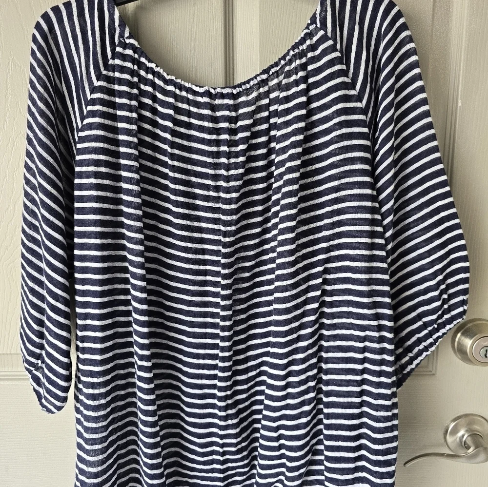 J Crew Sheeer Blouse  Medium Women Navy Blue White Striped Cotton See Thru